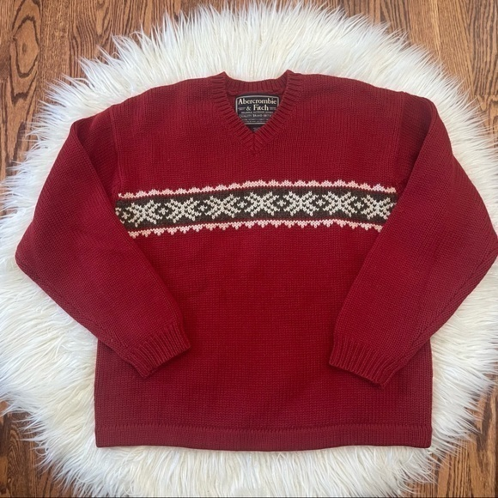 VTG Abercrombie & Fitch red wool heavy knit v-neck sweaterâ mens XL